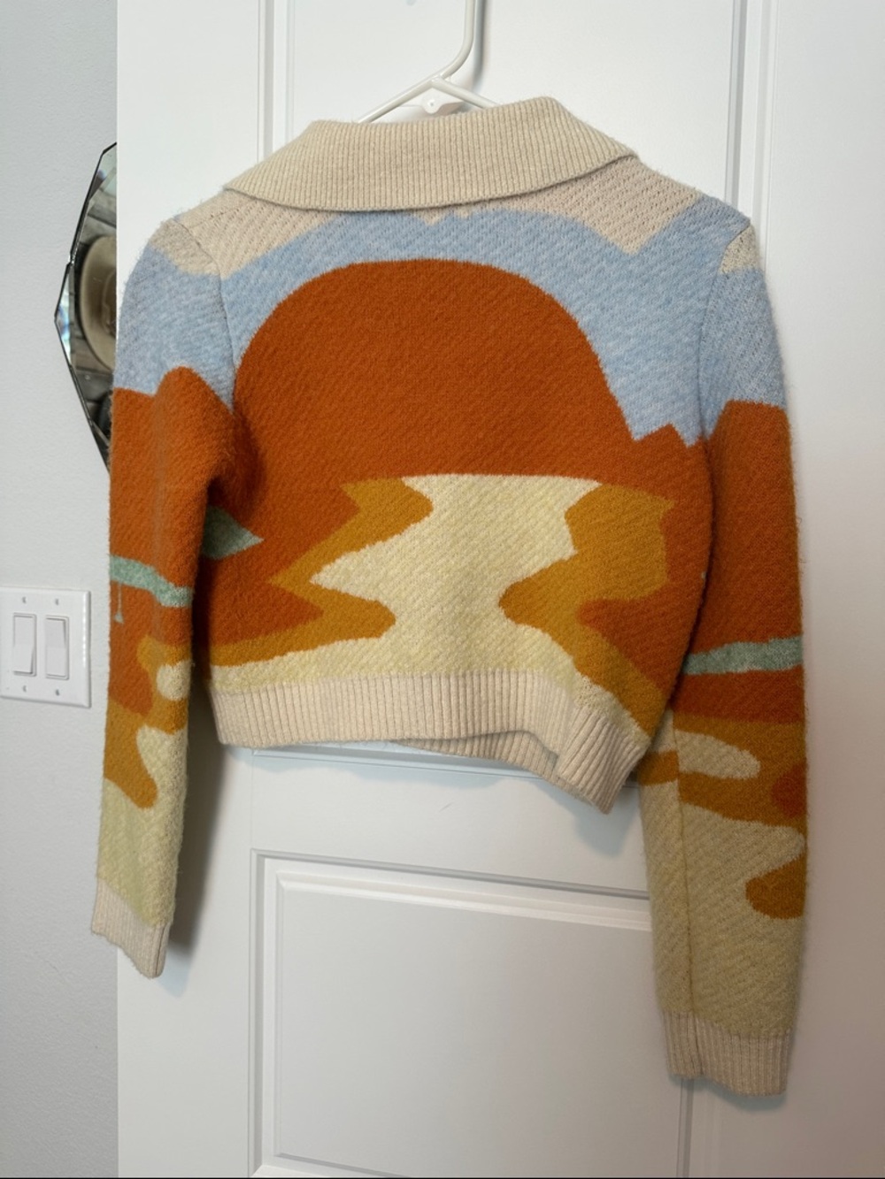 Rehab Lab Cropped Collared Cardigan in Cream, Rust, Light Blue and Mustard - Picture 3 of 3